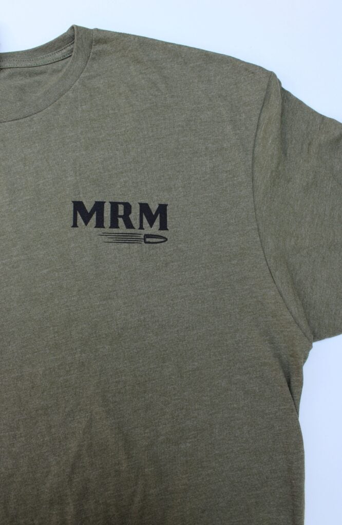 Olive green T-shirt with a black 'MRM' logo and a small speed-line spoon graphic on the chest.